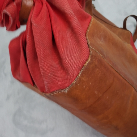 IL Bisonte Candy Leather / Canvas Large Tote Shoulder Bag Red Tan Brown Purse - Picture 12 of 16